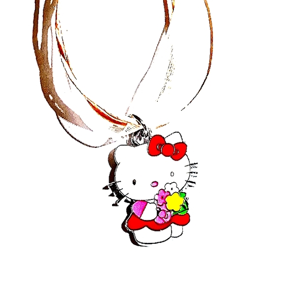 Hello Kitty Holding Flower Bouquet Wearing Red Dress Ribbon Necklace - Picture 2 of 7